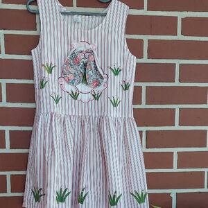 Striped Pink Kids Dress with Hand Painted  Floral Bunny Design Sz 5